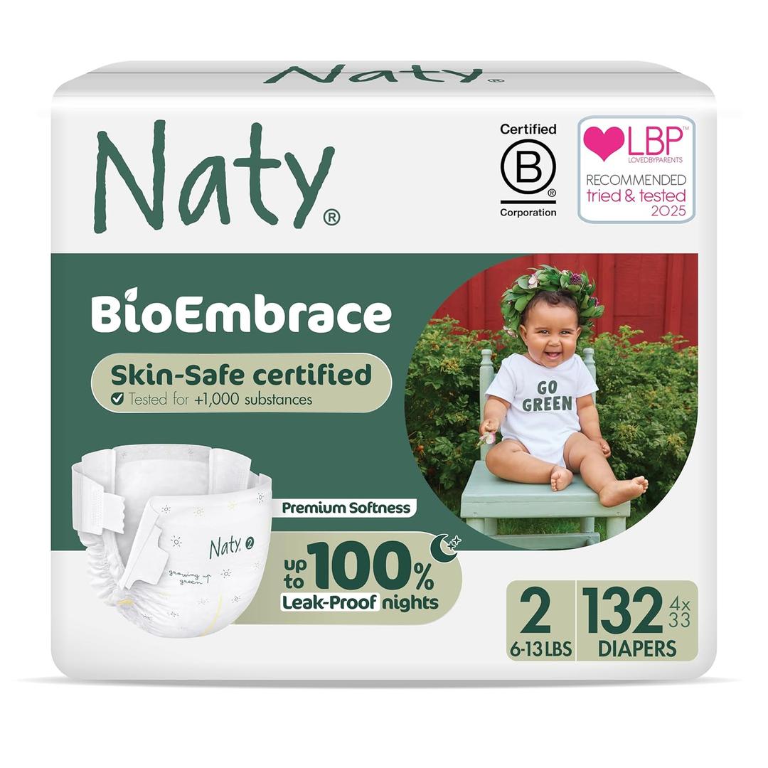 Naty BioEmbrace Baby Newborn Diapers | Sensitive Skin Safe Certified | Leak Protection up to 100% | Plant-Based Teddy Softness, Premium Comfort | Chlorine-Free | Size 2 (613 lbs), 132 Count