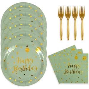 48PCS Happy Birthday Plates and Napkins Party Supplies, Sage Green and Gold Disposable Paper Plates and Napkins with Forks Tableware Set for Birthday Party Decorations 16 Guests (Sage Green)