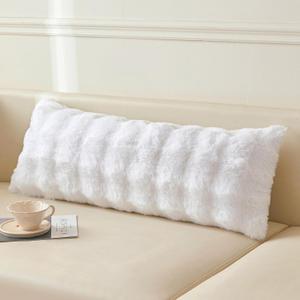LIFEREVO Faux Rabbit Fur Long Body Lumbar Decorative Pillow Cover, Luxury Plush Shaggy 14x36 Bubble Waffle Cushion Fluffy Pillow Sham with Zipper, Furry Fuzzy Pillowcase for Bed Couch Bench, White