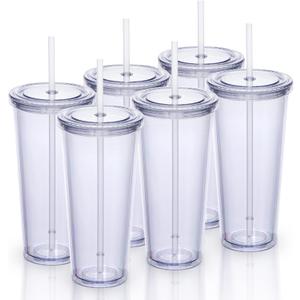 24oz Double Wall Plastic Tumblers with Lids and Straws | Large Classic Travel Tumbler | 6 Pack Set of 6 | Clear Reusable Cups with Straws | BPA Free