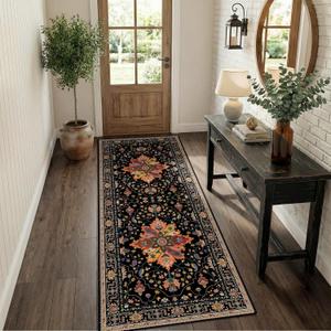 RELEANY Area Rugs 2'x6' Runner Rug Non Slip Washable for Kitchen Hallway Bedroom Beside Laundry Room Bathroom Rug, Floor Carpet, Black Colorful Floral Dark Tan