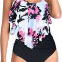 American Trends High Waisted Tankini Swimsuits for Women Flounce Top Tummy Control Bathing Suits (6-8, 13 Red White Black)