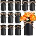 Rustic Vase for Table Centerpieces 4.33 Inch Small Petite Flower Vase with Twine Bow Vintage Farmhouse Decor for Wedding Reception Dining, Home Galvanized Metal Buckets(Black,12 Pcs)