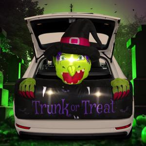 4.3ft Halloween Trunk or Treat Car Decoration Inflatable with Built-in LED Blow up Halloween Inflatable Witch Cat Pumpkin Outdoor Decor for SUV Yard Holiday Party Decor(Witch)