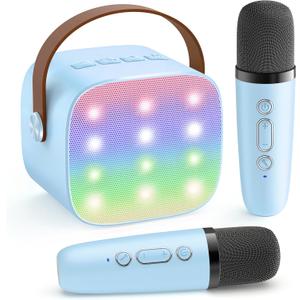 YLL Mini Karaoke Machine for Kids, Birthday Gifts Toys for Boys Ages 3, 4, 5, 6, 7, 8, 9, 10, 12+ Years Old, Portable Bluetooth Speaker with 2 Wireless Microphones Singing Family Home Party (Blue)