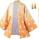 IOONCHI Tanjirou Robe Adult Green Plaid Cloak Kamado Tanjirou Cosplay Costume Color Block Kimono Cardigan Jacket Earrings Set, M