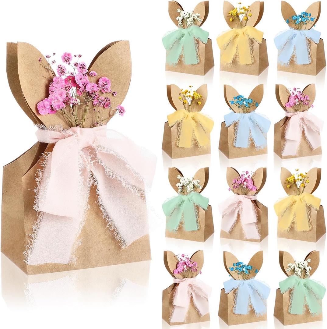 Affrolling 24 Set Boho Bow Easter Bunny Party Favor Bags DIY Bunny Gift Boxes with Neutral Bow Ribbon and Dried Flowers Rustic Paper Rabbit Ears Treat Bags Bulk for Easter Spring (Pastel)