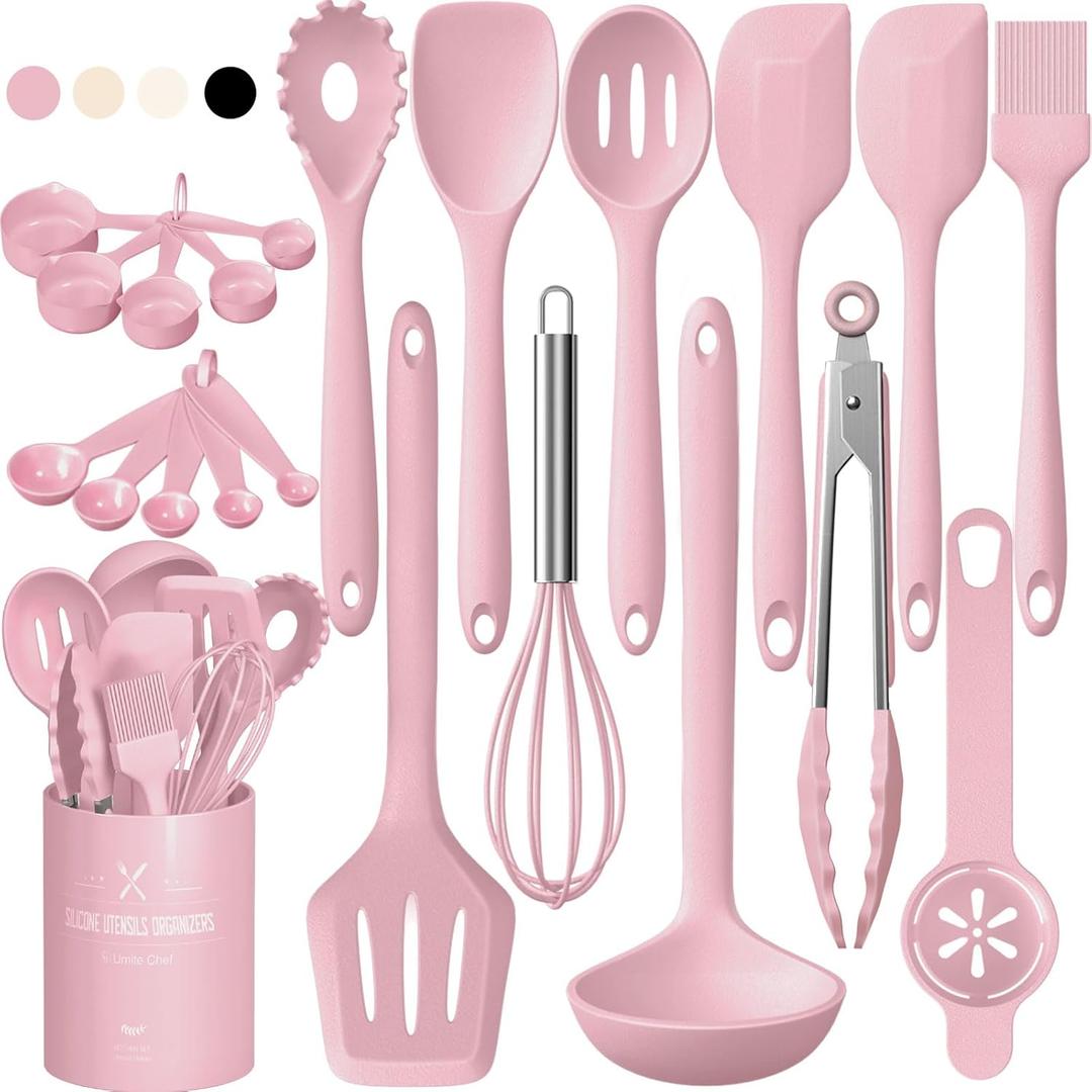 Umite Chef 22-Piece Silicone Cooking Utensils Set, Heat Resistant & Dishwasher Safe Kitchen Tools, Non-Scratch Spatula Set for Nonstick Cookware (Pink)