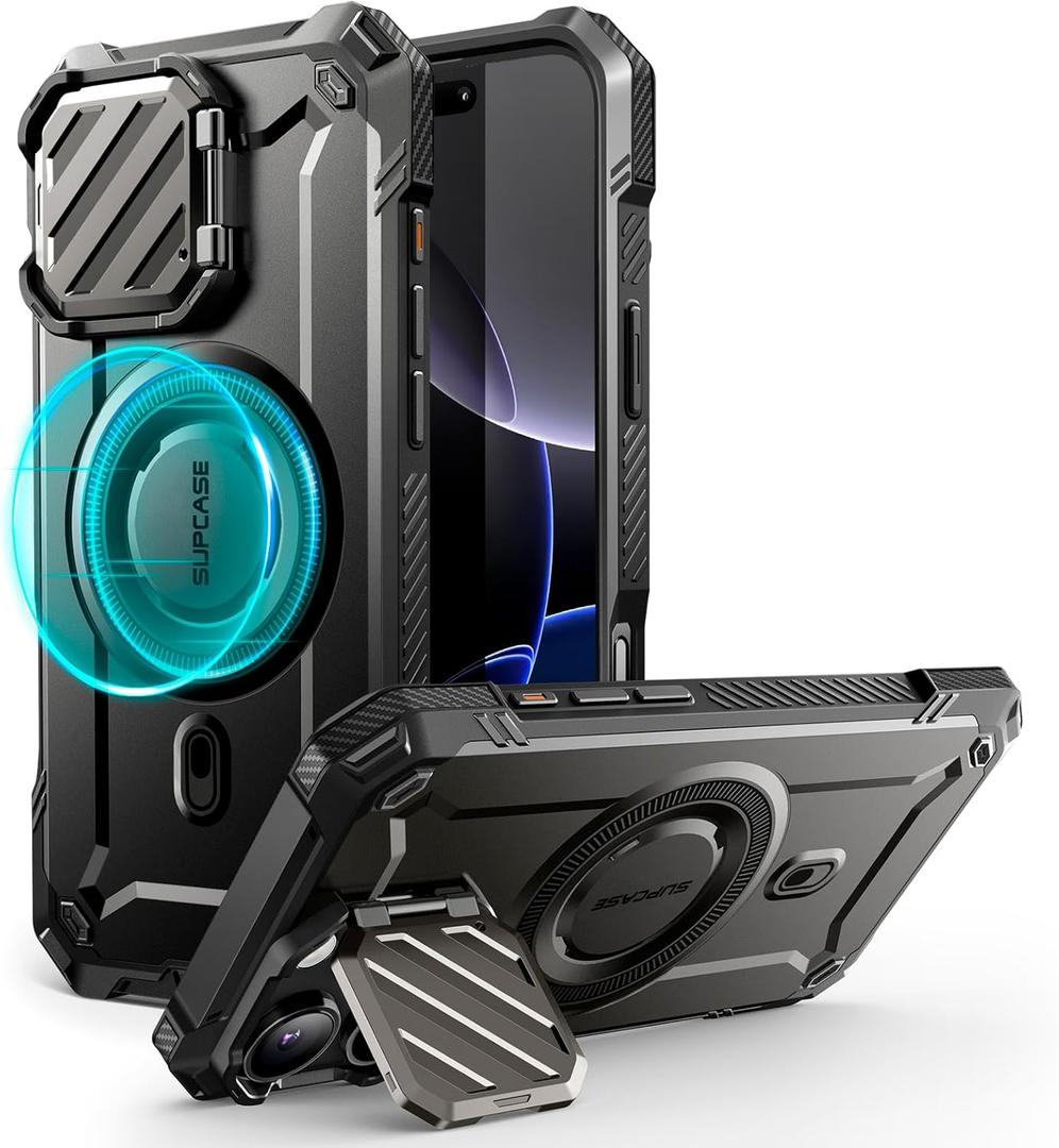 SUPCASE for iPhone 16 Pro Max Case with Camera Cover Stand (UBMag XT), [Compatible with MagSafe] [Built-in Kickstand] [Military-Grade Protection] Heavy Duty Rugged Magnetic Phone Case, Black