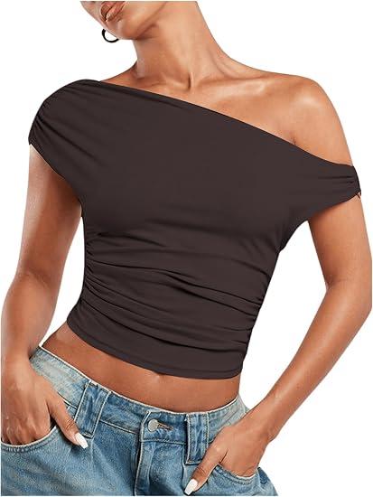 WDIRARA Women's Off Shoulder Tops Sleeveless Ruched Going Out Crop Tank Top XL Coffee Brown