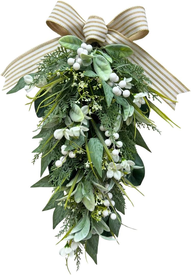 Svndlyn Lighted Artificial Spring Summer Teardrop Swag 25 Inch Eucalyptus and Magnolia Wreath with White Berries, Gypsophila & Farmhouse Striped Bow Floral Arrangement for Door Wall Mantel Window