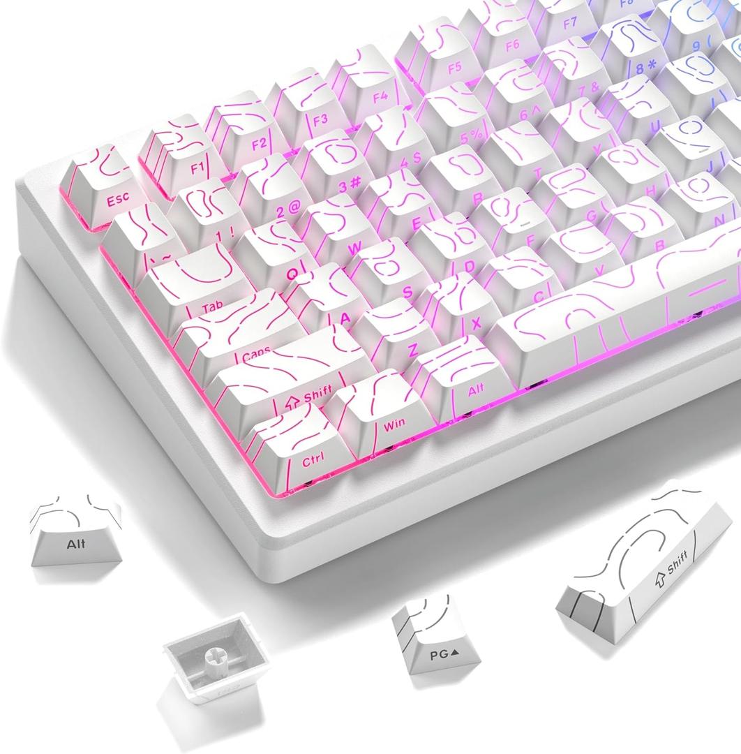 dagaladoo White Topographic keycaps Line Backlit keycaps Shine Through Keyboard Keys Side Printed Key caps Cherry Profile keycap Set for 61/64/66/68/71/75/84/87 Mechanical Keyboards 98key