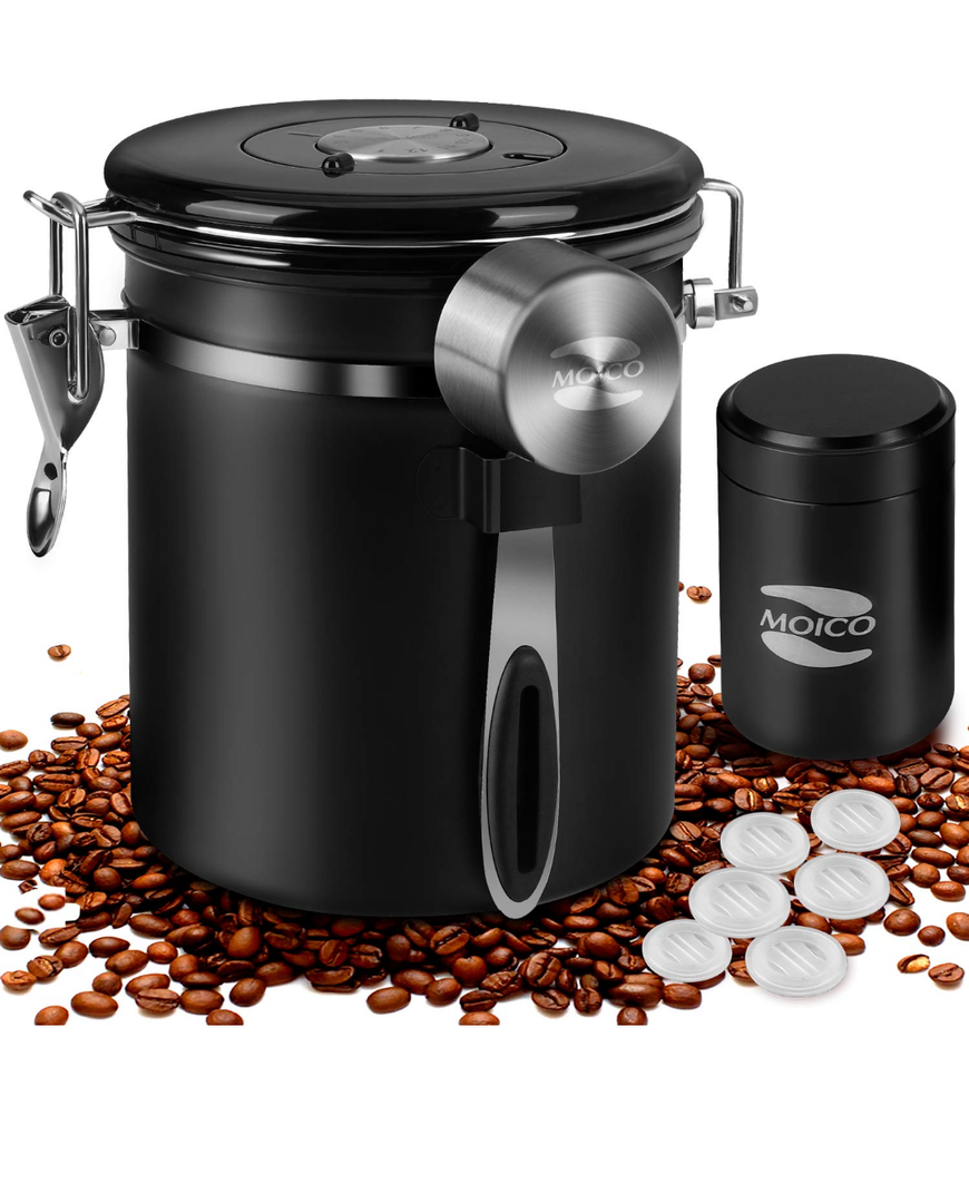 Coffee Canister, MOICO Stainless Steel Coffee Containers with One Way Co2 Valve, Scoop and Travel Jar, Airtight Coffee Storage Container for Ground Coffee, Tea, Sugar, 16oz+0.65oz (Black)