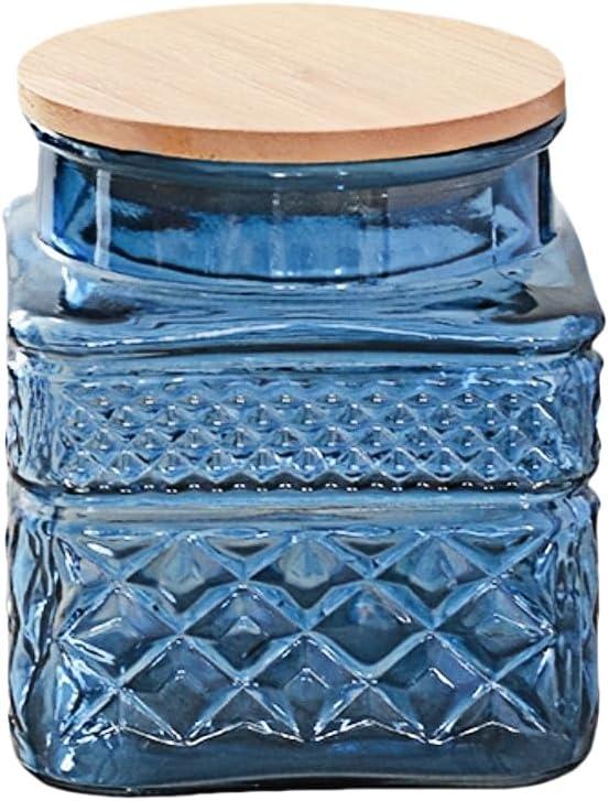 20.3oz Square Glass Canister, Candy Jar with Lid, Glass Food Storage Container for Ground Coffee, Tea, Sugar, Decorative Mason Jar Cute Jars (Blue)