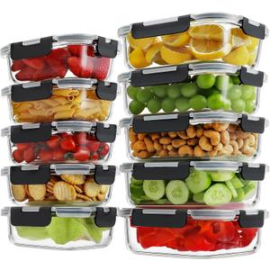HOMBERKING 10 Pack Borosilicate Glass Meal Prep Containers with Locking Lids, Glass Food Storage Containers Set, Airtight Lunch Bento Boxes, BPA-Free & Leak Proof, 36oz & 14oz, Freezer, Oven Safe (Black)