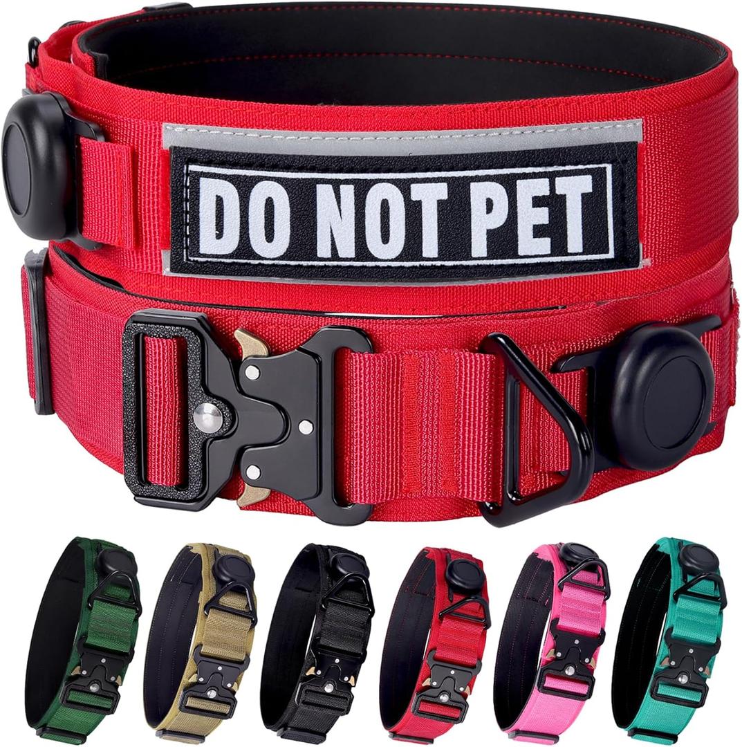 AirTag Dog Collar, 2" Wide Tactical Military Dog Collar with AirTag Holder & 3 Pet Patches, Soft Padded Reflective Waterproof Nylon Collar with Metal Buckle for Large Dogs (Red, L) (L: 17.7-24.4)