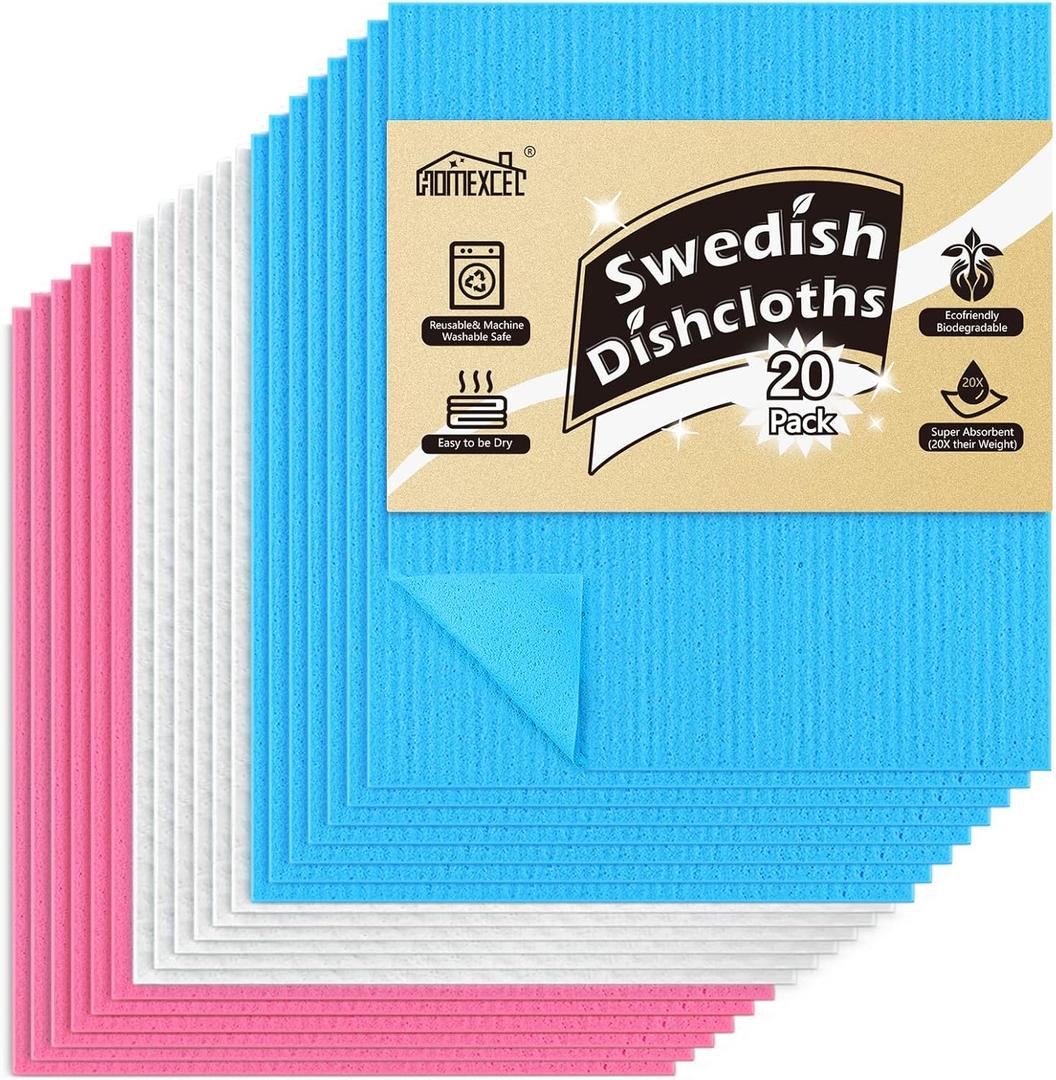 HOMEXCEL Swedish Dishcloths for Kitchen, 20 Pack Reusable Sponge Dish Cloth for Kitchen and Cleaning Counters, Super Absorbent Paper Towels (Blue/White/Pink) (Assorted Colors)