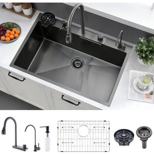 30x18 Black Drop In Kitchen Sink with Faucet - 16 Gauge Stainless Steel Waterfall Sink, Top Mount Single Bowl Kitchen Sink Include Drinking Water Faucet Soap Dispenser,Cup Washer, 30"D x 18"W x 10"H