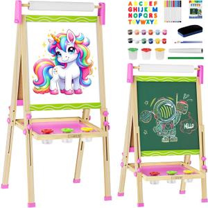 Easel for Kids, Wooden Art Easel, Toddler Toys for Ages 2-4 5-7 with Art Supplies, Height Adjustable Double-Sided Magnetic Whiteboard and Chalk Board, Birthday Gifts for 2 3 4 5 6 7 Year Old Boy Girl Toy