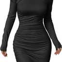 Floerns Women's Elegant Asymmetrical Neck Dress Long Sleeve Ruched Bodycon Dress (Medium, Black)