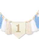 HGFC Embroidery Tassel High Chair Banner - Wood Bead 1st Birthday Banner,Sky Theme Party Decoration,Birthday Baby Boys Tassel Garland,Cake Smash Backdrop