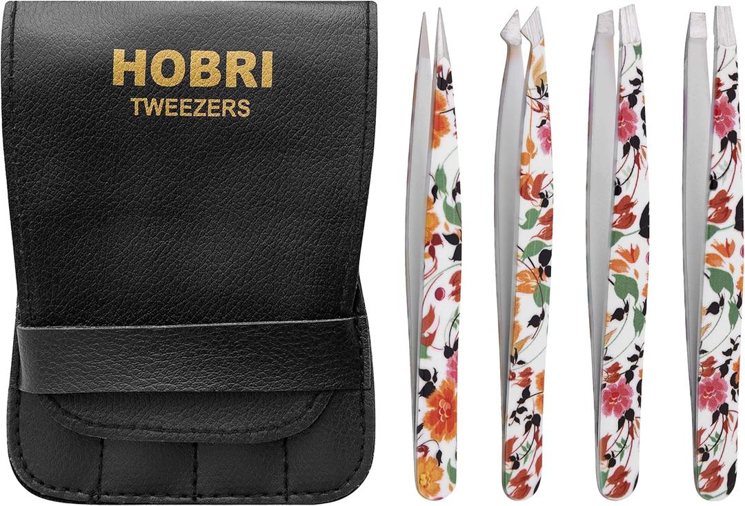 Tweezers Set, Eyebrows Tweezers Set Professional Stainless Steel Tweezers Set - 4 Pieces with Leatherette Travel Case Perfect for Facial Hair, Beauty and Personal Care Tool (Leaves Print)