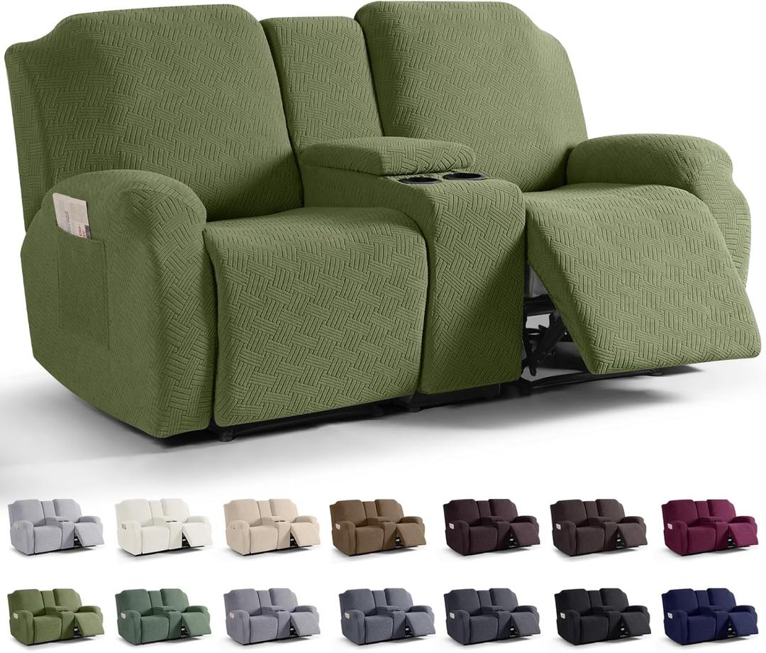 KinCam Loveseat Recliner Covers with Middle Console Slipcover, Recliner Sofa Covers 2 Seat Couch Cover Stripe Jacquard Furniture Protector Covers with Elastic Bottom for Kids, Pets(Olive Green)