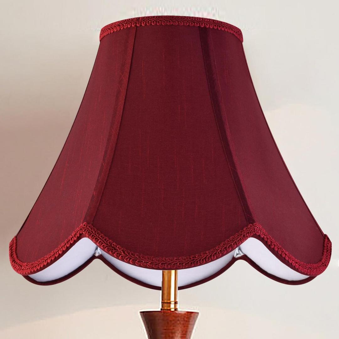 GO&SO Burgundy Scalloped Lamp Shade Bell Lamp Shades Petal Edge Braid,6"Top x 13"Bottom x 10.6"High (Spider) Table Lamp Shade Modern Floor Lamp Shade Replacement,Faux Silk Lampshades -Easy Assembly (Red)