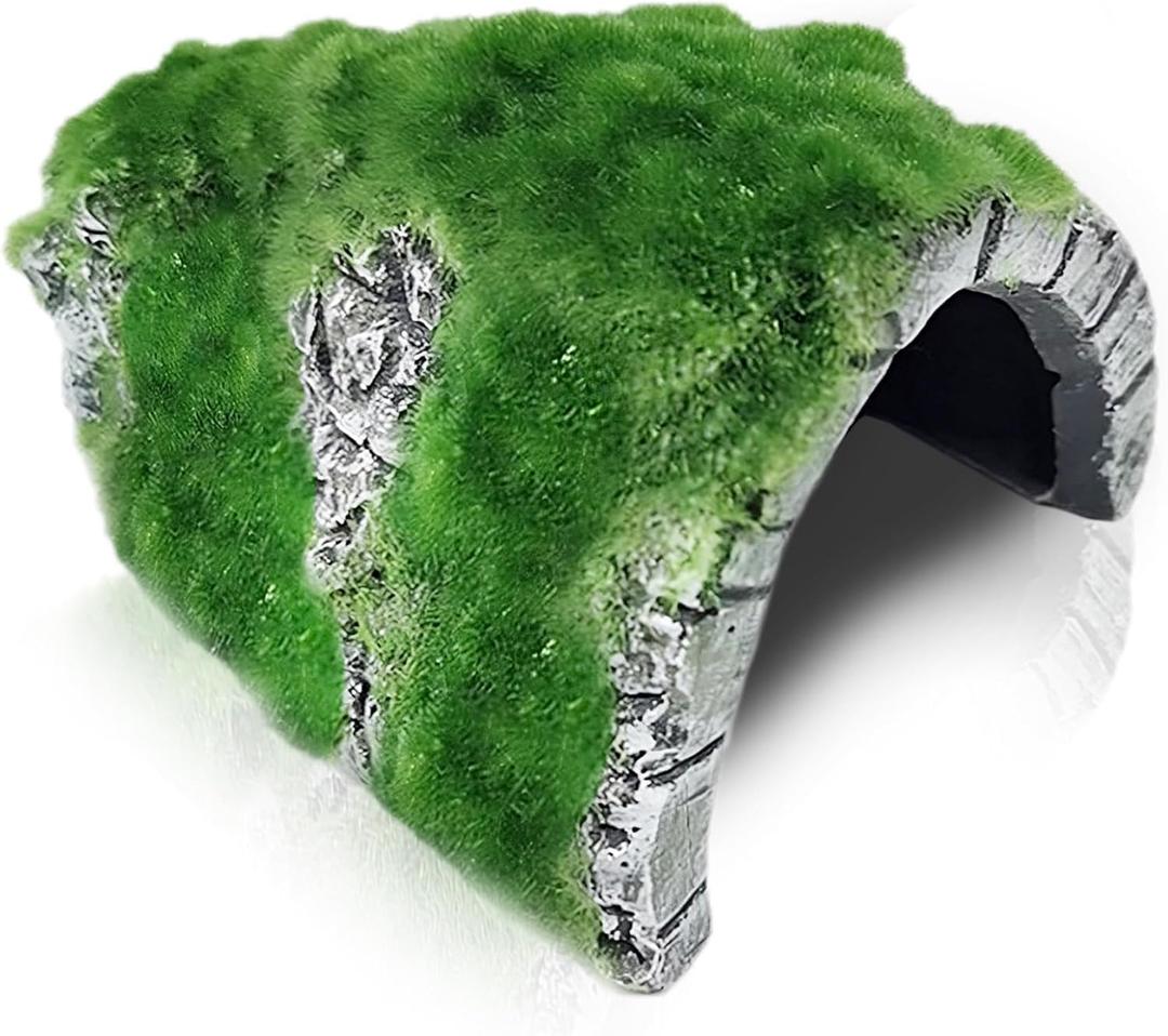 SunGrow Reptile Hideout Cave with Artificial Moss, Rock Habitat Shelter for Lizards, Snakes, Geckos, Frogs & Aquariums, Durable Resin Cave Decor, 6 x 3 x 4 Inches (Medium)