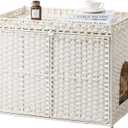 Cat Litter Box Enclosure Furniture, Handwoven Rattan Hidden Litter Box with Mat, Large Space Cat House with 2 S-Shaped Hooks 30.3 x 18.3 x 24.4 Inches, Indoor for Living Room Apartment White