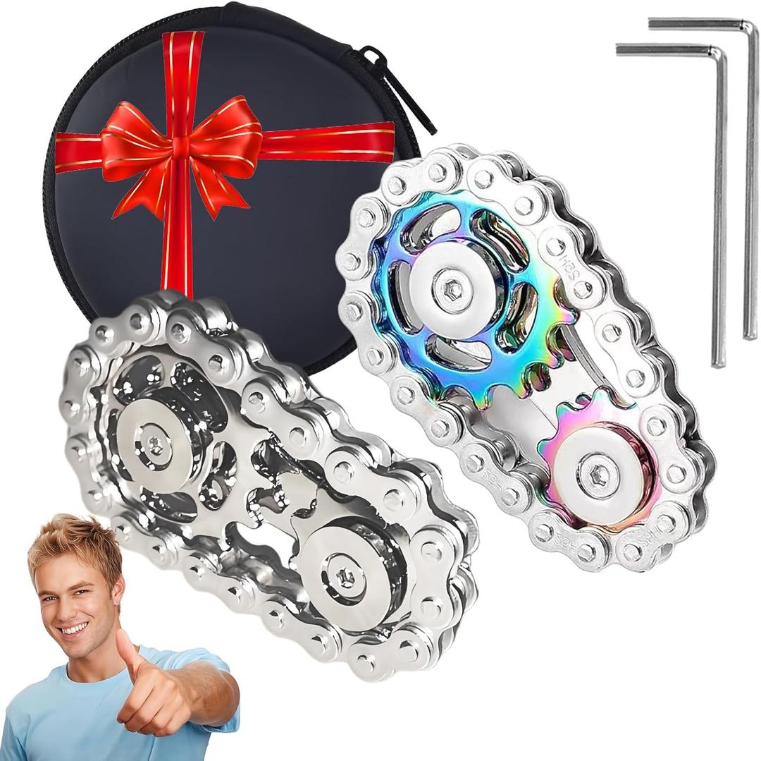 【2PCS】Fidget Spinners Toys for Adults & Teens  Metal Fidget Toy Bike Chain Fidget Sprocket Chain Fidgets Toy for Relief Anxiety ADHD Autism Cool Gadgets Desk Offices Gift Sensory Toy（Silver+Rainbow）