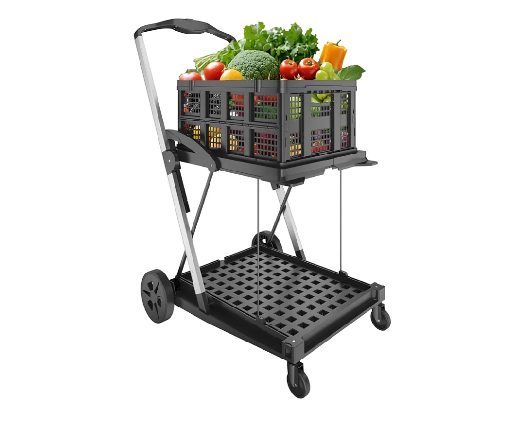 Folding Cart | Multi Use Functional Collapsible carts | Shopping Trolley with Wheels | Shopping Cart with Storage Crate | Utility Cart for Groceries, Warehouse,Supermarket. (Black)