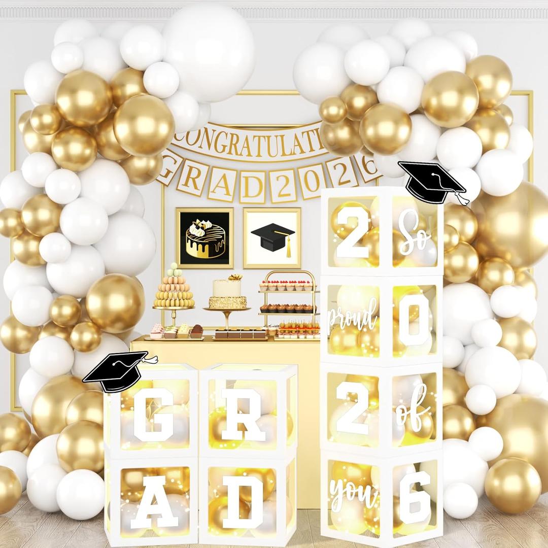 Graduation Party Decorations Class Of 2026,White and Gold Graduation Decorations Grad Boxes with Letters 2026 Grad So Proud Of You for College Party Graduation Party Supplies