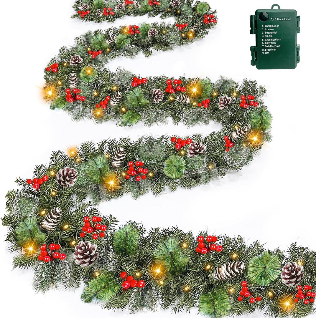 Super Long & Timer 8 Modes - 18 Ft by 10 Inch Prelit Outdoor Christmas Garland for Stair Porch Front Door Mantle, Battery Operated 100 Warm Lights Thick 460 Branch 15 Pinecone 165 Berry Cedar Garland