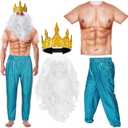 4 Pcs Halloween Poseidon Costume Neptune Merman Trick or Treat Kit Sea Cosplay for Grandpa Men