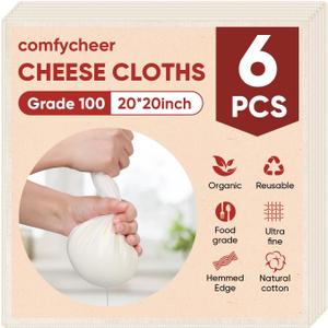 2 x Cheese Cloths for Straining, 6PCS 20 * 20Inch Grade 100 Chees Cloth with Hemmed Edge,100% Cotton Unbleached,Reusable Muslin Cheesecloth for Straining, Making Yogurt, Juicing