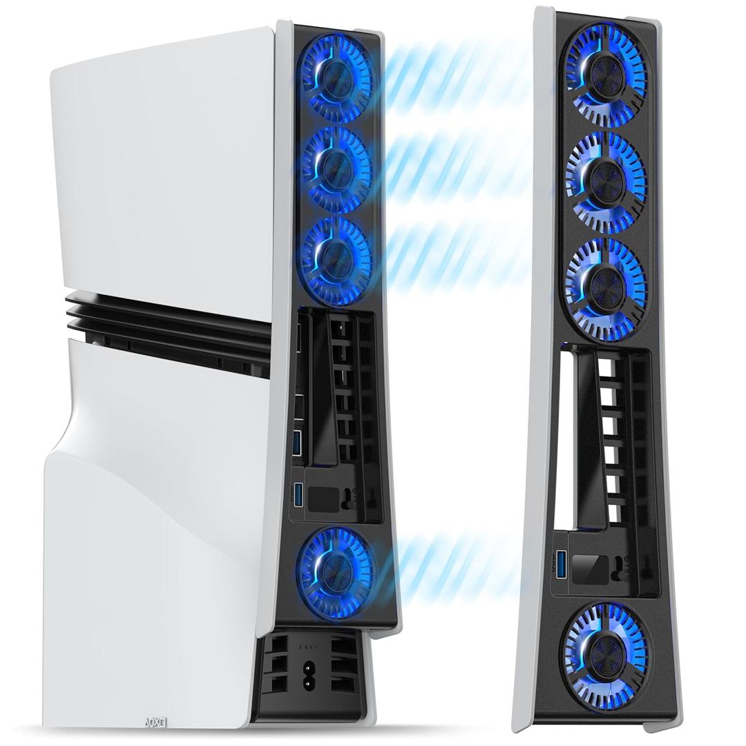 MEQI PS5 Pro Cooling Fan Enhanced Edition, Upgraded Accessories 4 Quiet Cooler Fan with Adjustable Speed and Auto On/Off, Efficient Cooling Station with LED Light & USB Hubs for Playstation 5 Pro