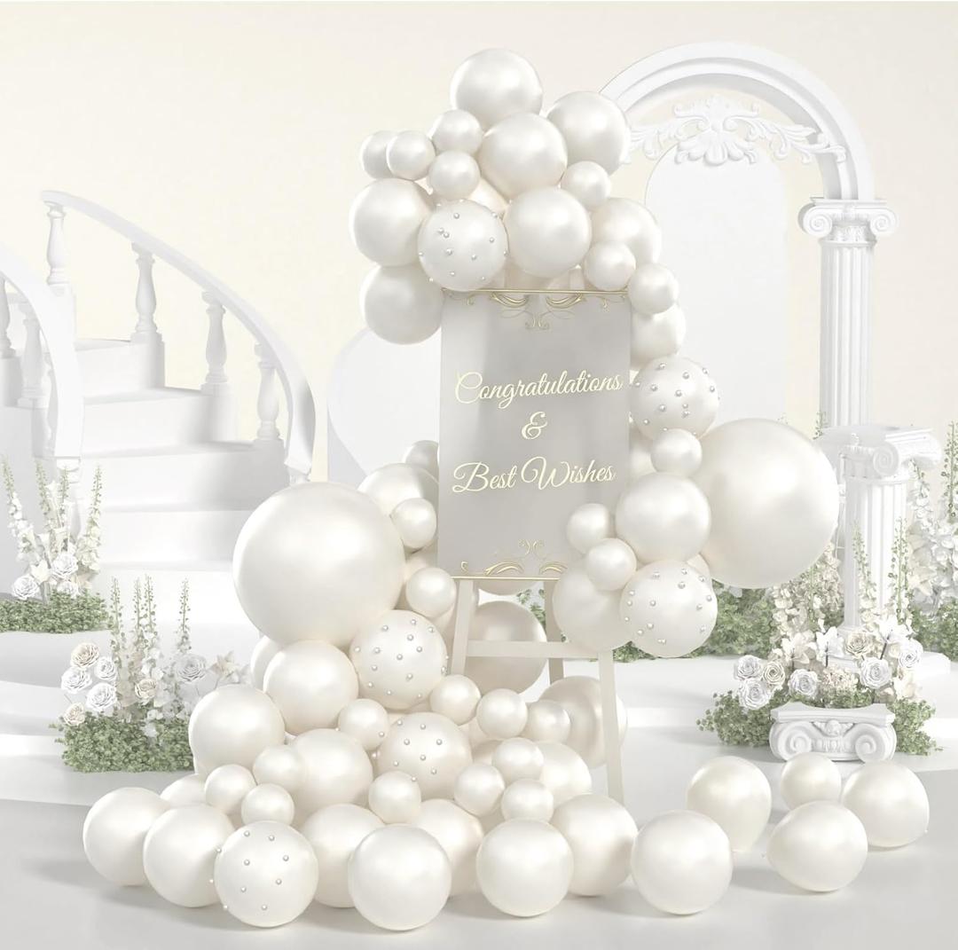Yumiche Pearl White Balloons Double Stuffed Pearl Balloons Arch With Pearl Stickers 5/10/12/18 Inch Bridal Shower Balloon Arch Pearl Ivory Balloon Garland For Wedding Birthday Baby Shower Decorations
