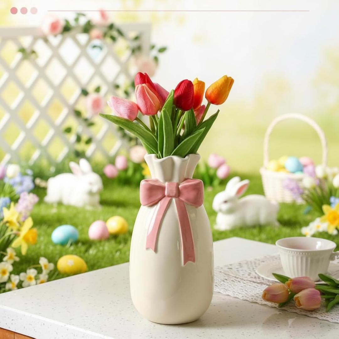 Pink Ceramic Bow Vase for Flowers 9.3 Inch Easter Spring Decorative Vase for Fresh/Artificial Flowers Wedding Centerpiece Mother's Day Gift Easter Table Accent for Living Room & Home Decor
