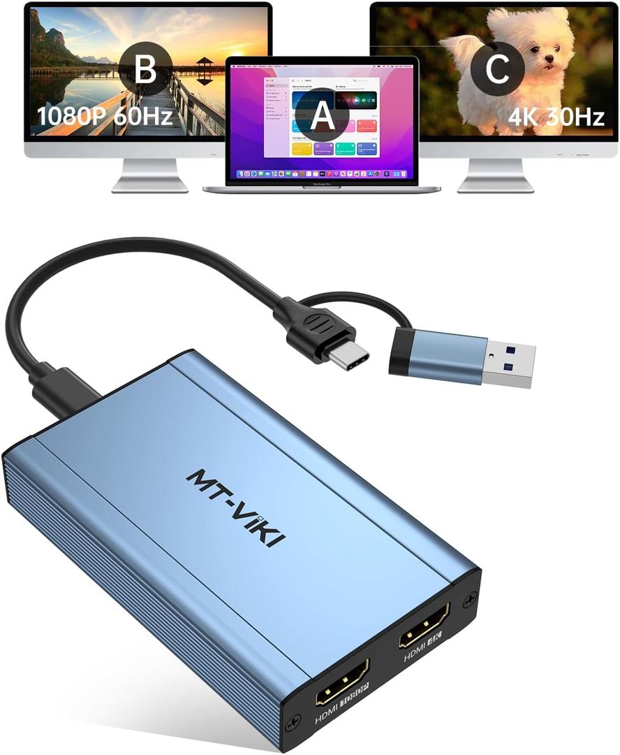 MT-VIKI HDMI Splitter Extended Display for Dual Monitors/Multi-Monitor, 4K@30Hz & 1080P@60Hz, USB 3.0 & USB C Adapter to HDMI for Windows & Mac, Required Driver Installation