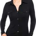 AmlieBoutik Women Collar Button Up Short/Long Sleeve Blouse Shirt (Large, Black)