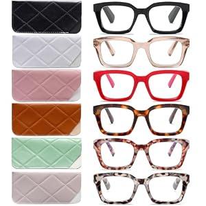 LOUOL 6 Pack Readers for Women Oprah Style Square Reading Glasses with Spring Hinge Blue Light Blocking for Men Ladies +1.75