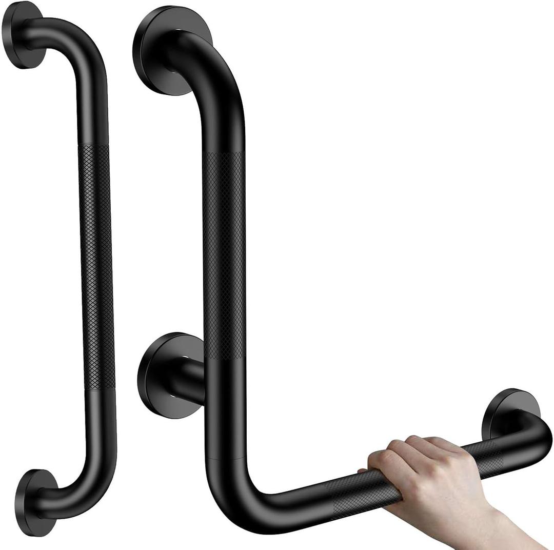 16 Inch Angled Grab Bar, iHansee Anti Slip L-Shaped Shower Grab Bar w/ 16 Inch Straight Bathroom Balance Bar, Knurled Stainless Steel Safety Handle for Seniors Elderly Injury Handicap, Matte Black
