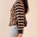 Women's Leopard Striped Cardigan Open Front Color Block Button Down Knit Sweater Fall Cropped Coat (XL)