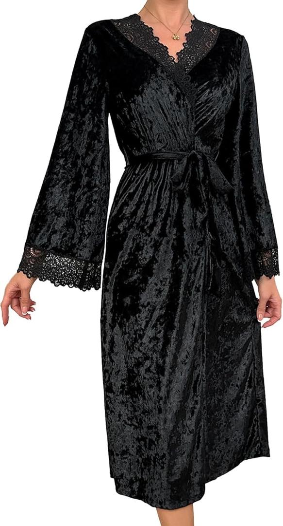 Womens Robes Sexy V Neck Long Sleeve Nightgown Loose Fit Lace-Trim Solid Color Warm Maxi Tie Winter Loungewear (Large)