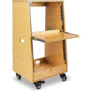 Sound Town DIY Slanted 16U Studio Rack (8U Top + 8U Lower), with 2U Bottom Storage, Slide-Out Tray, Caster, Plywood, Golden Oak for Recording Room, Home Studio (SDRK-ST16T)