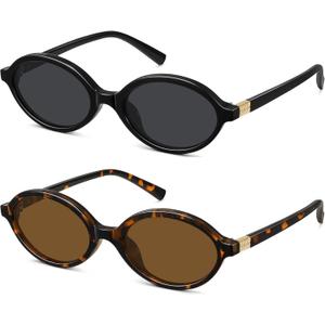 WOWSUN Retro Oval Sunglasses Womens Trendy Sun Glasses Sunnies UV400 Protection (2 Pack: Black Frame Grey Lens+tortoise Frame Brown Lens)
