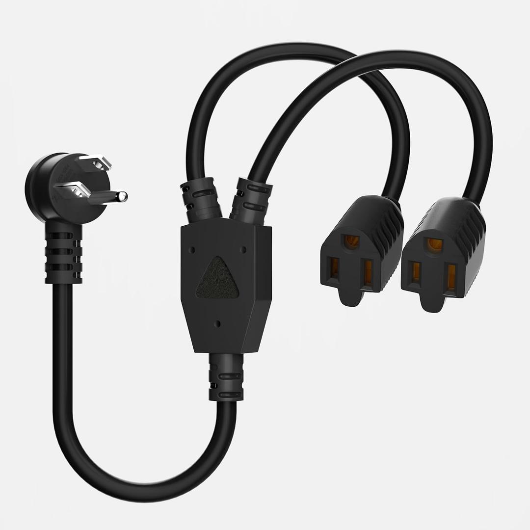 Elecan 3-Prong Y Splitter Power Extension Cord 1 FT, 45-Degree Angled Flat Plug 1 to 2 Way Outlet Space Saver, Heavy Duty Weatherproof SJTW, 16AWG 13A, 5-15P Cable Extender for Indoor Outdoor-ETL