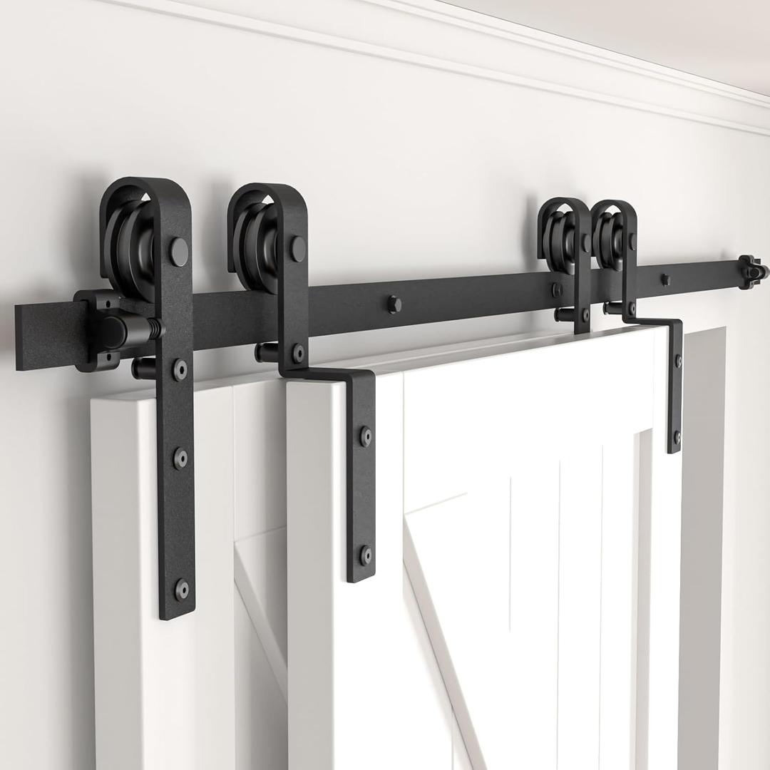 6.6 FT Bypass Sliding Barn Door Hardware Kit, Combination Track Mode Sliding Door Hardware, Double Wooden Doors Use Single Track Bypass Barn Door Hardware Fit for Door Opening 77" (6.6 Feet)