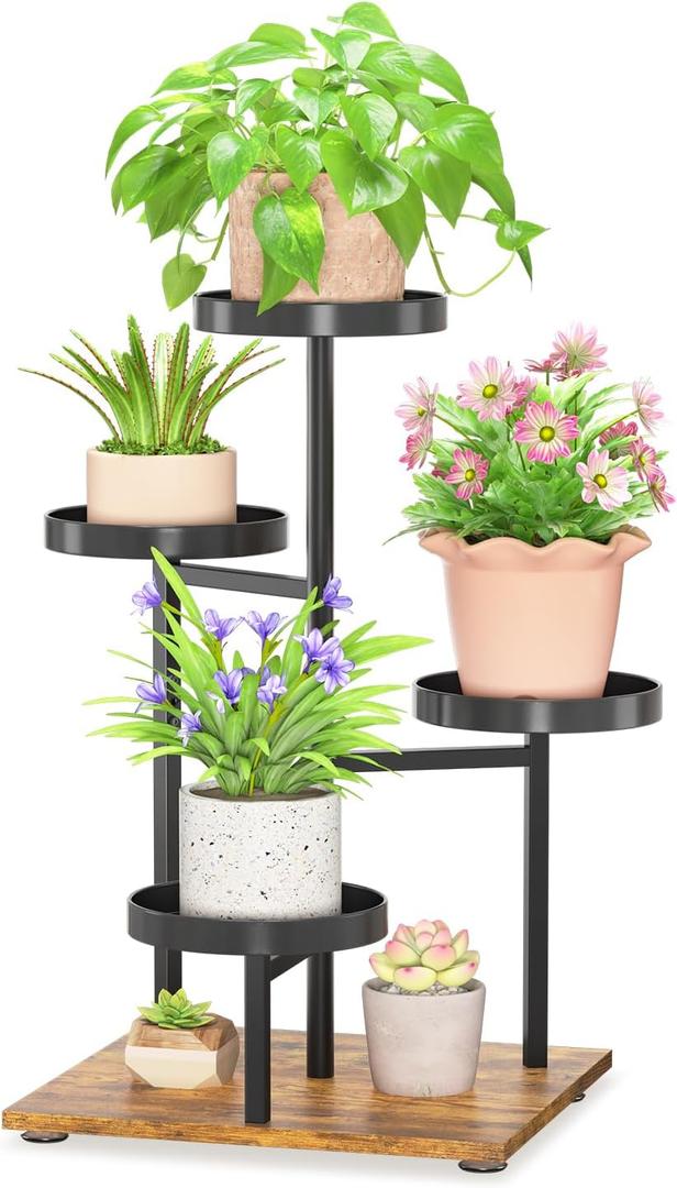 LASZOLA Black 4 Tier Plant Stand Indoor Heavy Duty Rack for Modern House Planter, Metal and Wooden Vertical Organizer Decor Narrow Bathroom Floor, Sturdy Multi Level Flower Holder Raised, Cat Proof (26-33 inch)